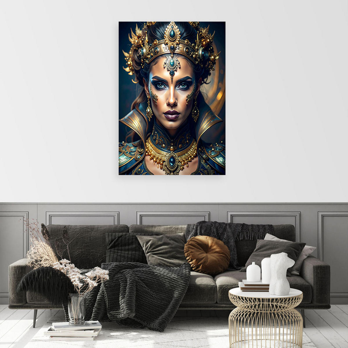 LEINWANDBILD, Porträt einer Frau die prächtigen goldenen orientalischen Schmuck trägt - Blau, Textil (60/90cm) - Feeby
