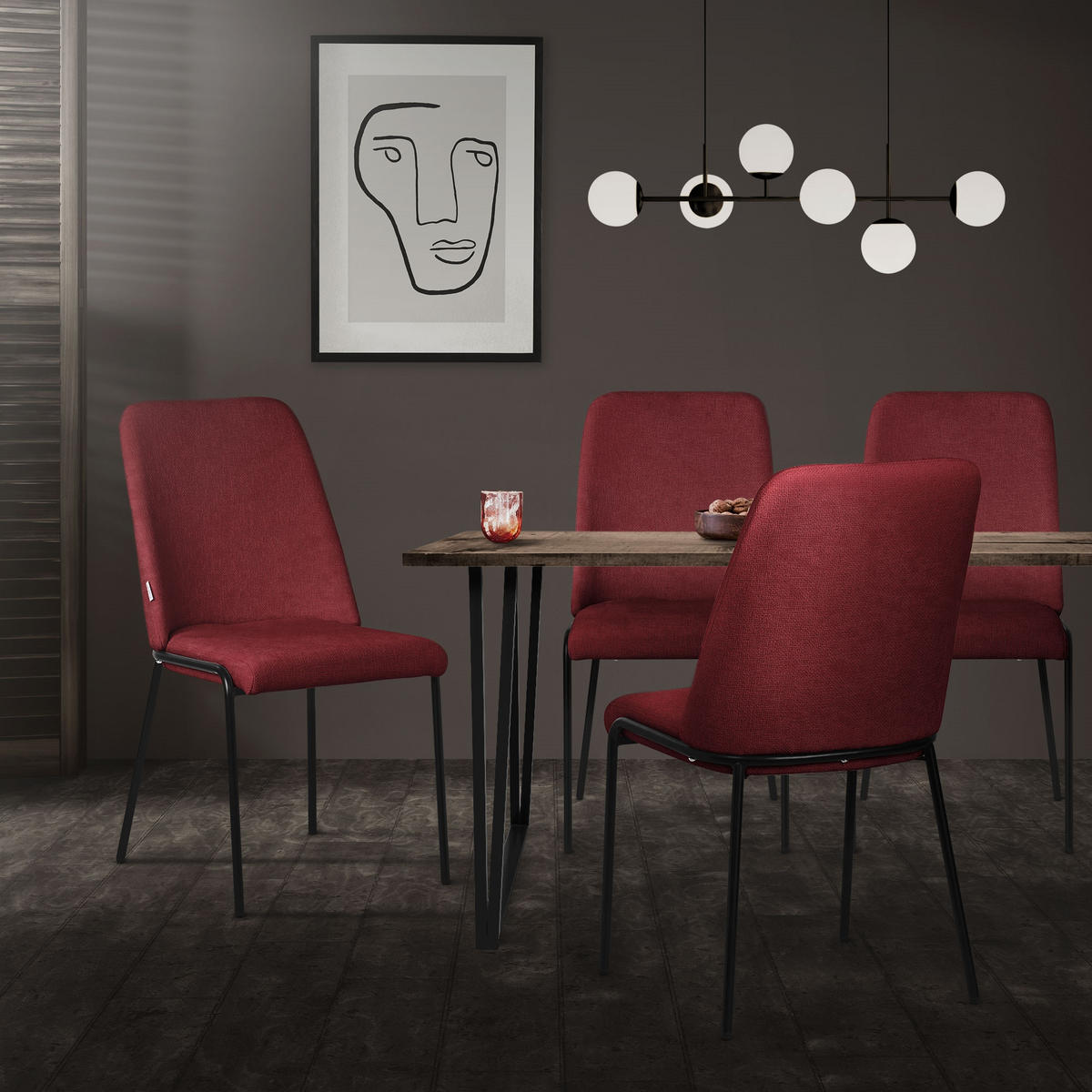 ESSZIMMERSTUHL 6er Set Rot mit Stoffbezug - Rot/Schwarz, Textil/Metall (49/94/62cm) - ML-DESIGN