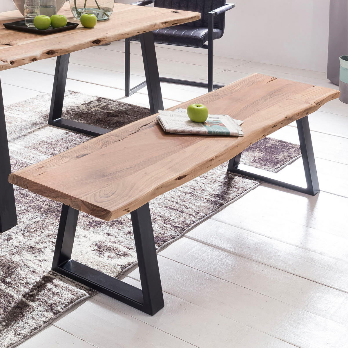 ESSZIMMERBANK Akazienholz Metall schwarze Füße, Beige 180x40x45 cm - Beige/Schwarz, Holz/Metall (180/45/40cm) - KADIMA DESIGN