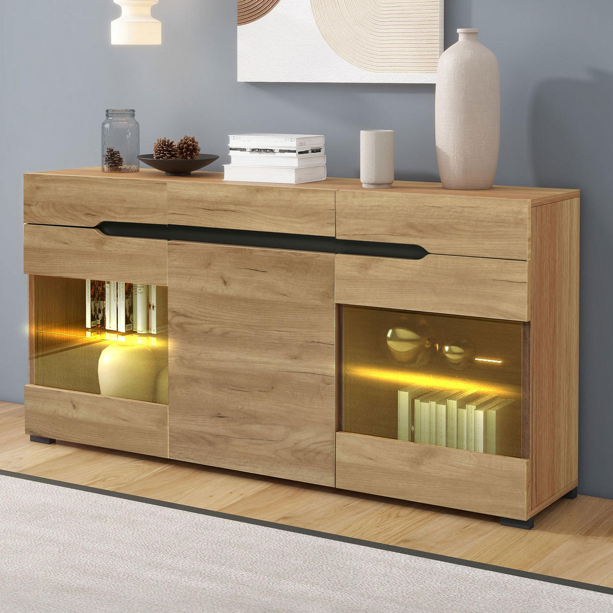 SIDEBOARD Eiche-Optik, mit LED-Beleuchtung, 3 Schubladen, Türen und Glasfächern, 140/35/80 cm - Eichefarben, Holzwerkstoff (140/80/35cm) - WISHDOR
