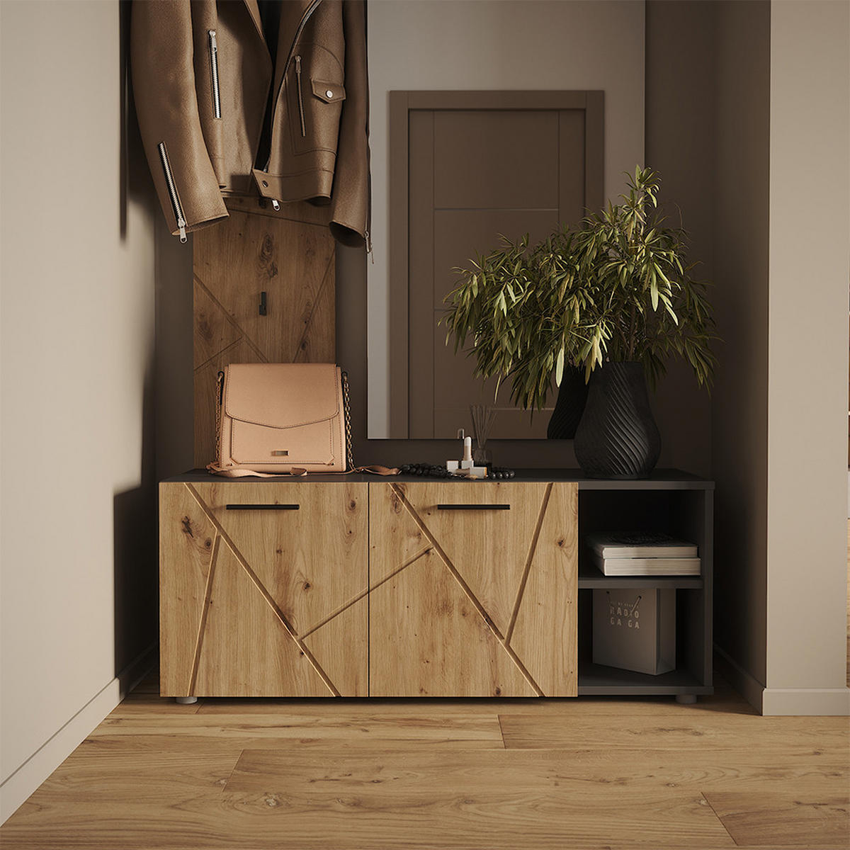 SCHUHSCHRANK Irma Anthrazit/Artisan 106 x 43 cm mit 2 Türen - Anthrazit, Holzwerkstoff (106/43/37.4cm) - Vicco