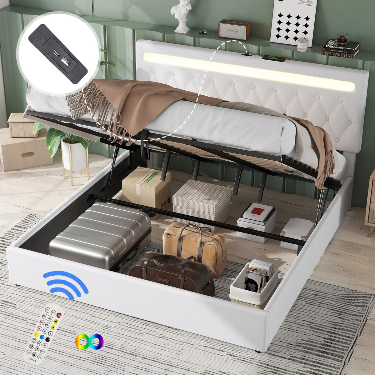 POLSTERBETT 180/200 cm Weiß hydraulisches Bett mit LED-Beleuchtung und USB-Anschluss Ohne Matratze - Weiß, Textil (180/200cm) - OKWISH