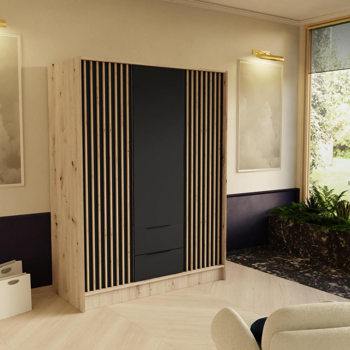 DREHTÜRENSCHRANK Nero 150/51/200 cm mit Lamellen eiche artisan+schwarz - Schwarz/Eiche Artisan, Holzwerkstoff (150/200/51cm) - Beautysofa
