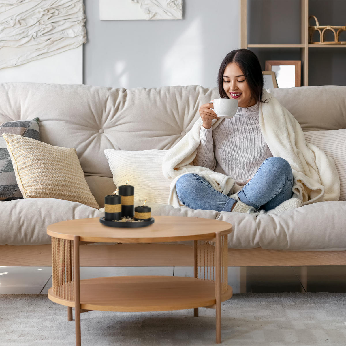 TEELICHTHALTER - Multicolor, Holzwerkstoff/Stein (13cm) - Relaxdays