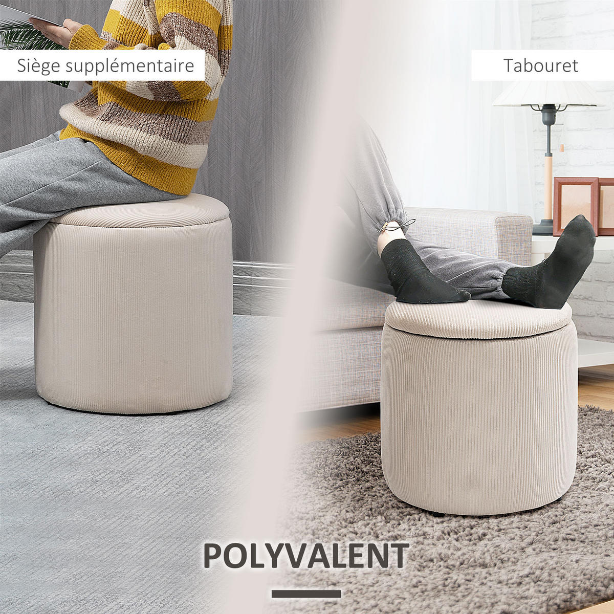 POUF 2er-Set DE-16377 mit Stauraum und Rippenvelours Creme - Creme, Textil (40/41/40cm) - ComfortXL