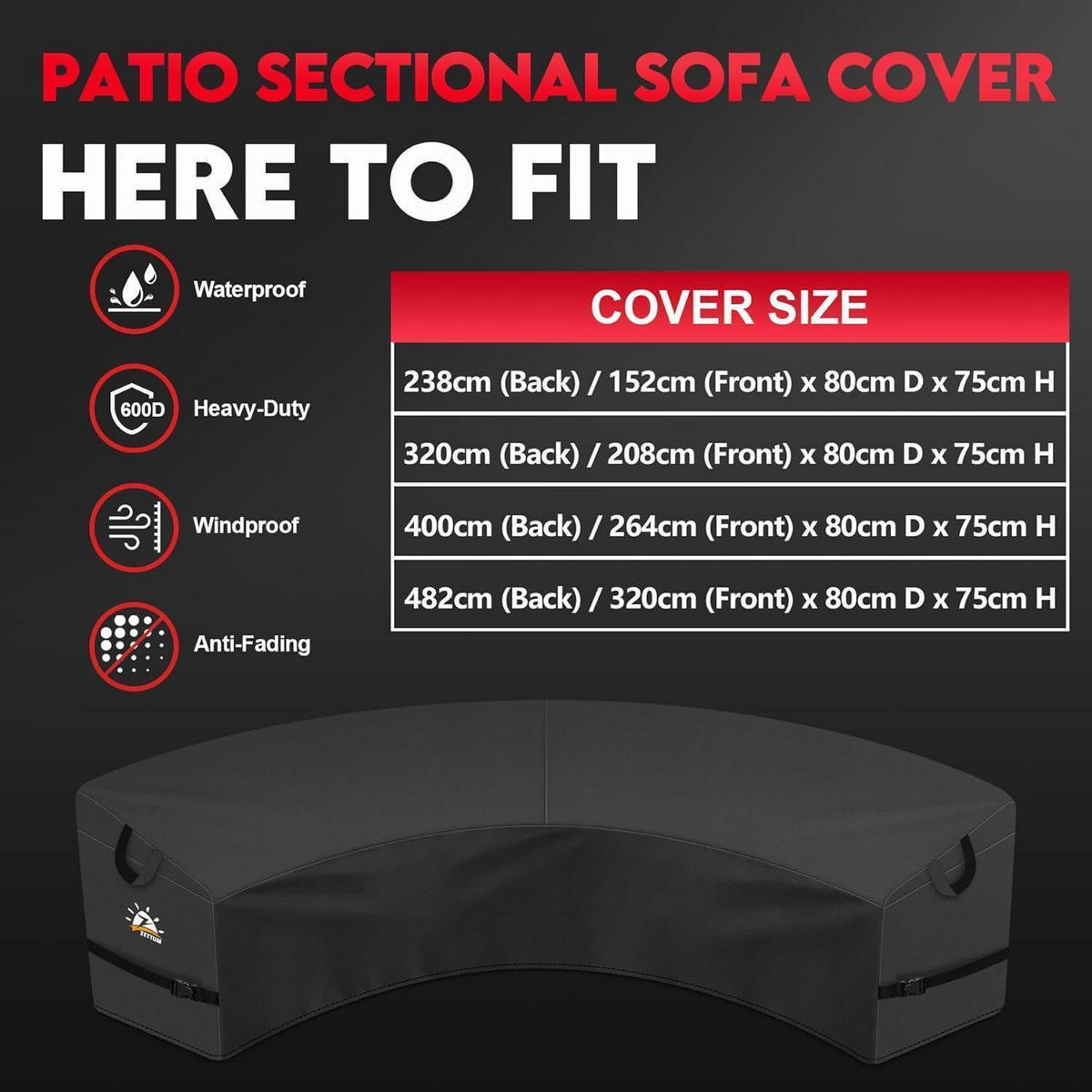 ABDECKUNG für Loungesofa gebogen 482 x 80 cm Wasserdicht - Schwarz, Kunststoff (10/10/10cm)
