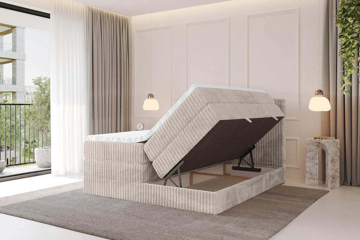 BOXSPRINGBETT mit Matratze H3|H4 und Lattenrost - TOLO KING 200x200 Cord - Creme - Creme, Holzwerkstoff (200/200cm) - ALTDECOR
