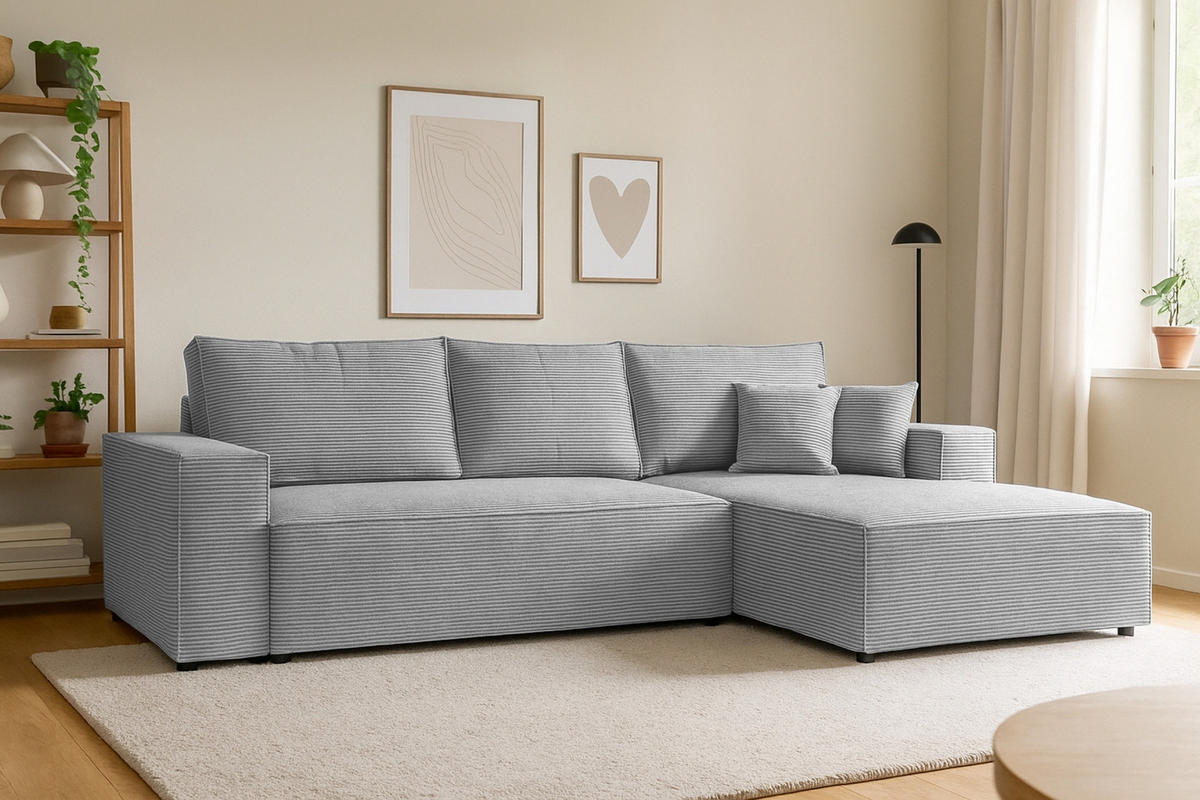 ECKSOFA MARCO 294/185 in Cord Hellgrau mit Schlaffunktion rechts - Hellgrau, Holz/Holzwerkstoff (294/185cm) - Deine Möbel 24
