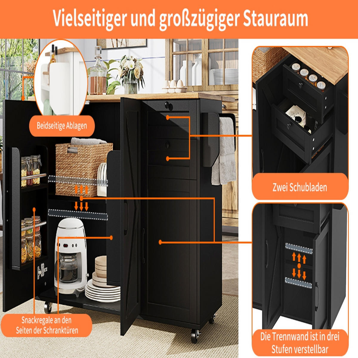 KÜCHENINSEL Klappbar, BUFFETSCHRANK mit Rollen, Holzmaserung Schwarz, 120/43,2/92 cm - Schwarz, Kunststoff (43.2/92/120cm) - Rolipo