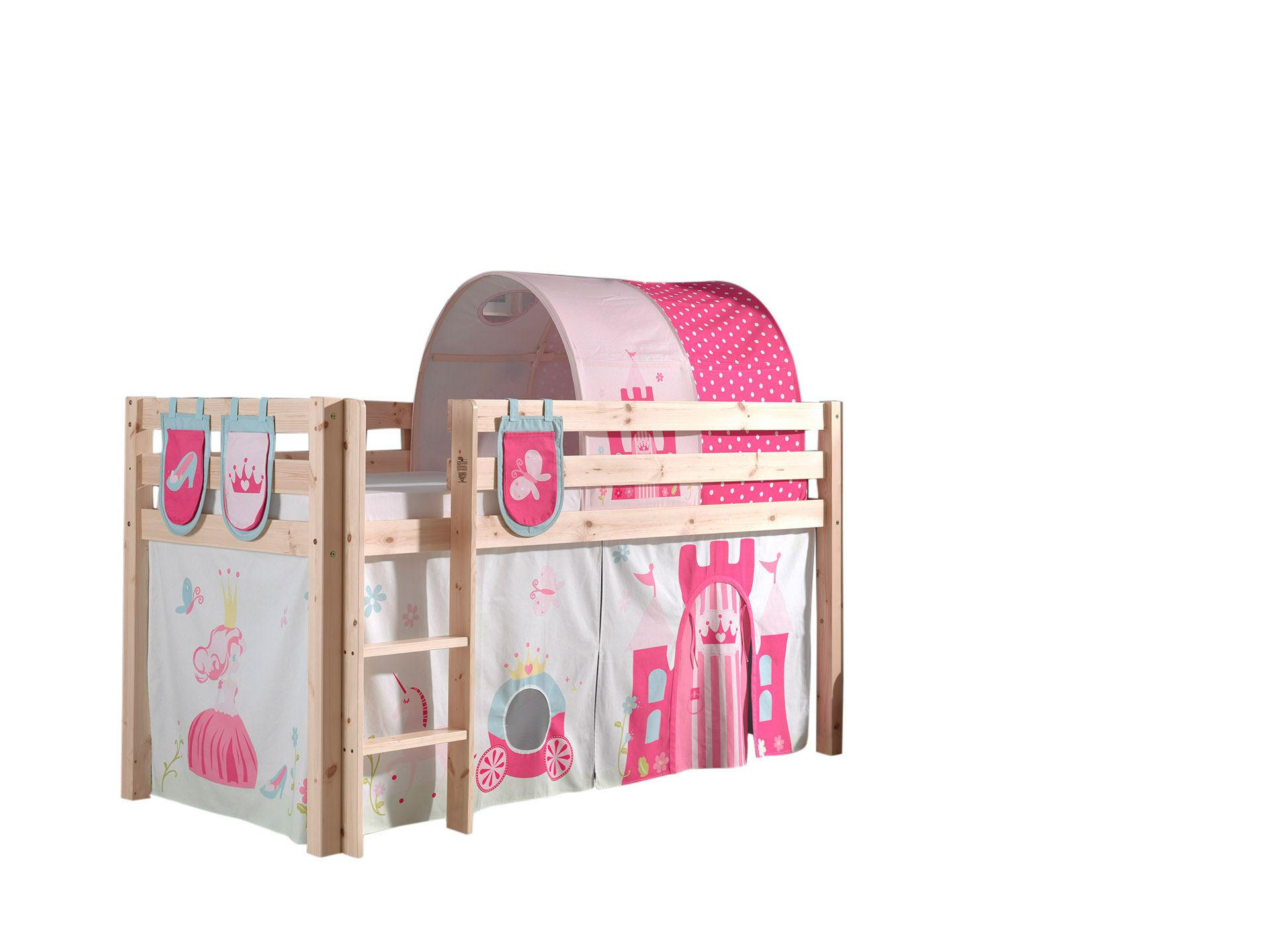 KINDERBETT Karolina 210x114x106 Massivholz Natur Textilset Princess 4 - Magenta/Kieferfarben, Holz (90/200cm) - 58aufmkessel