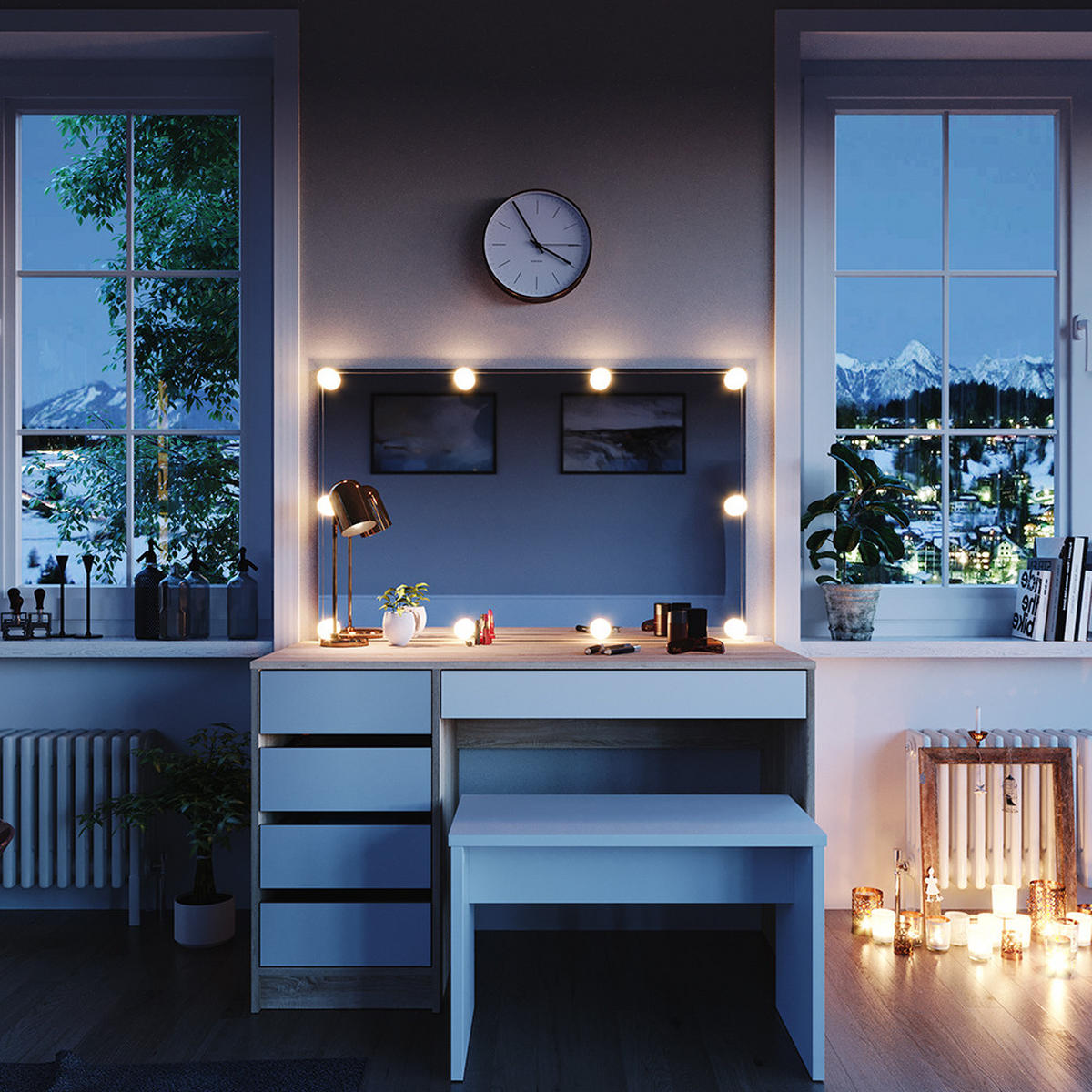 SCHMINKTISCH Sherry Weiß/Sonoma 120 cm mit LED Beleuchtung und Bank - Weiß/Sonoma Eiche, Holzwerkstoff (55/75/120cm) - Vicco