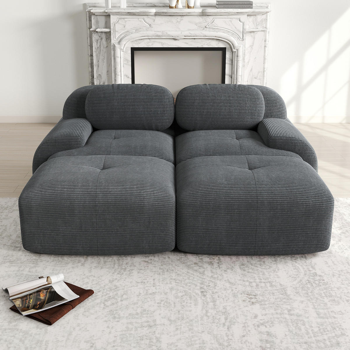 MODULÁRNÍ rohová pohovka z manšestru 208/178/70 cm bez rámu, s ergonomickými područkami a protiskluzovou základnou, Šedá - šedá, textil (208/75/178cm) - Redom