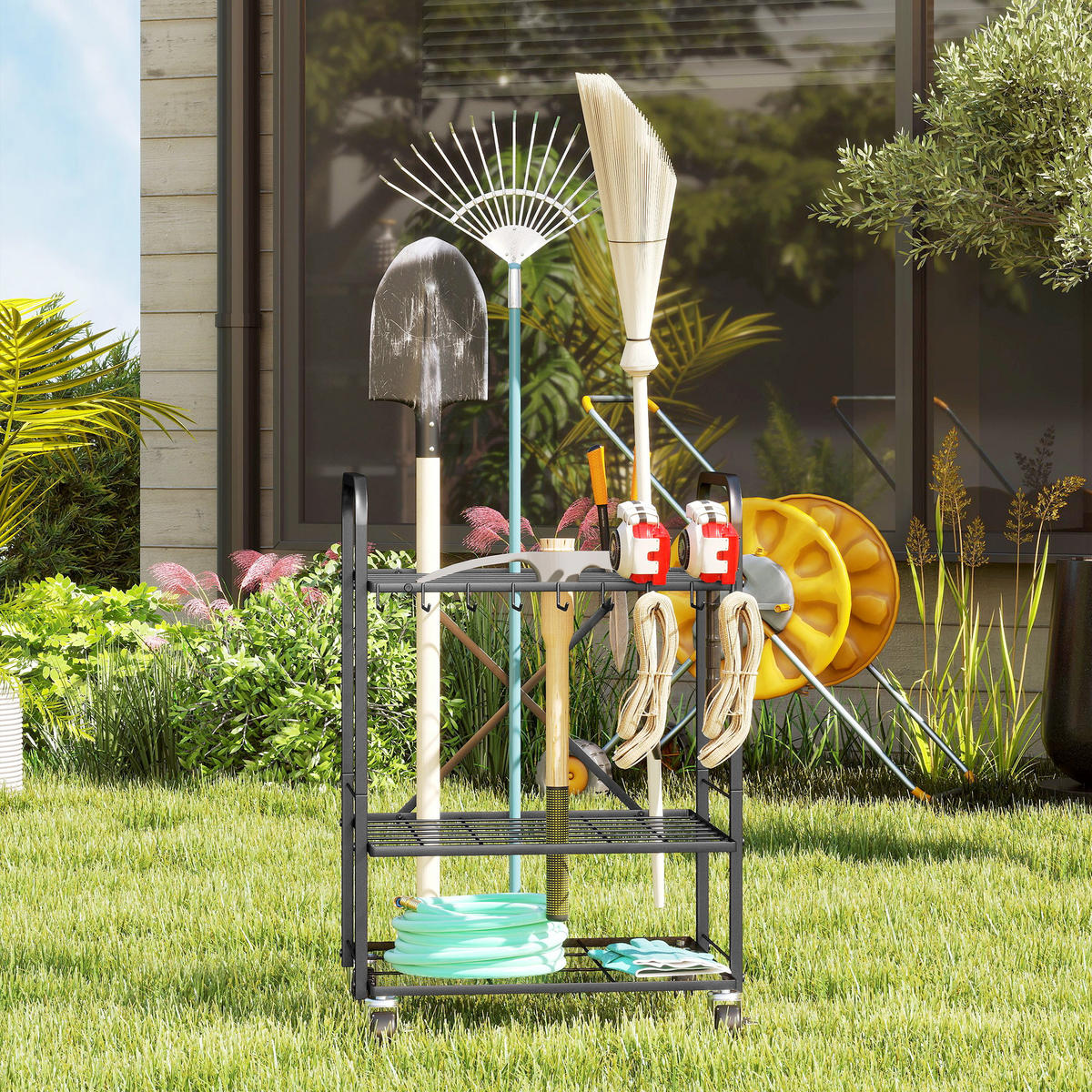 GARTENREGAL DE-13808 mit Rollen und 40 Fächern Schwarz - Schwarz, Metall (48/70/57cm) - ComfortXL