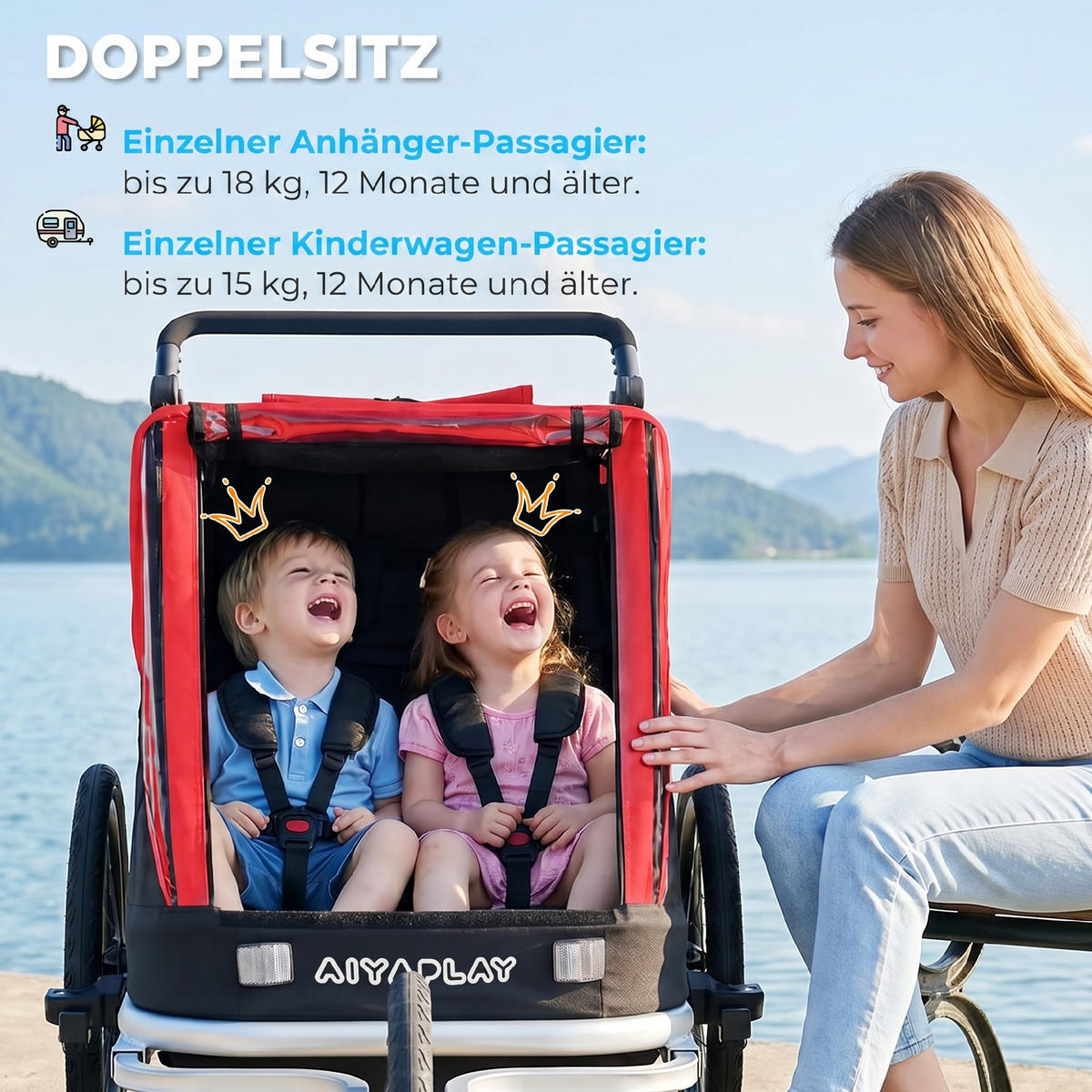 KINDERFAHRRADANHÄNGER Stahl Oxford Gewebe Rot - Rot, Metall (82/102/155cm) - AIYAPLAY