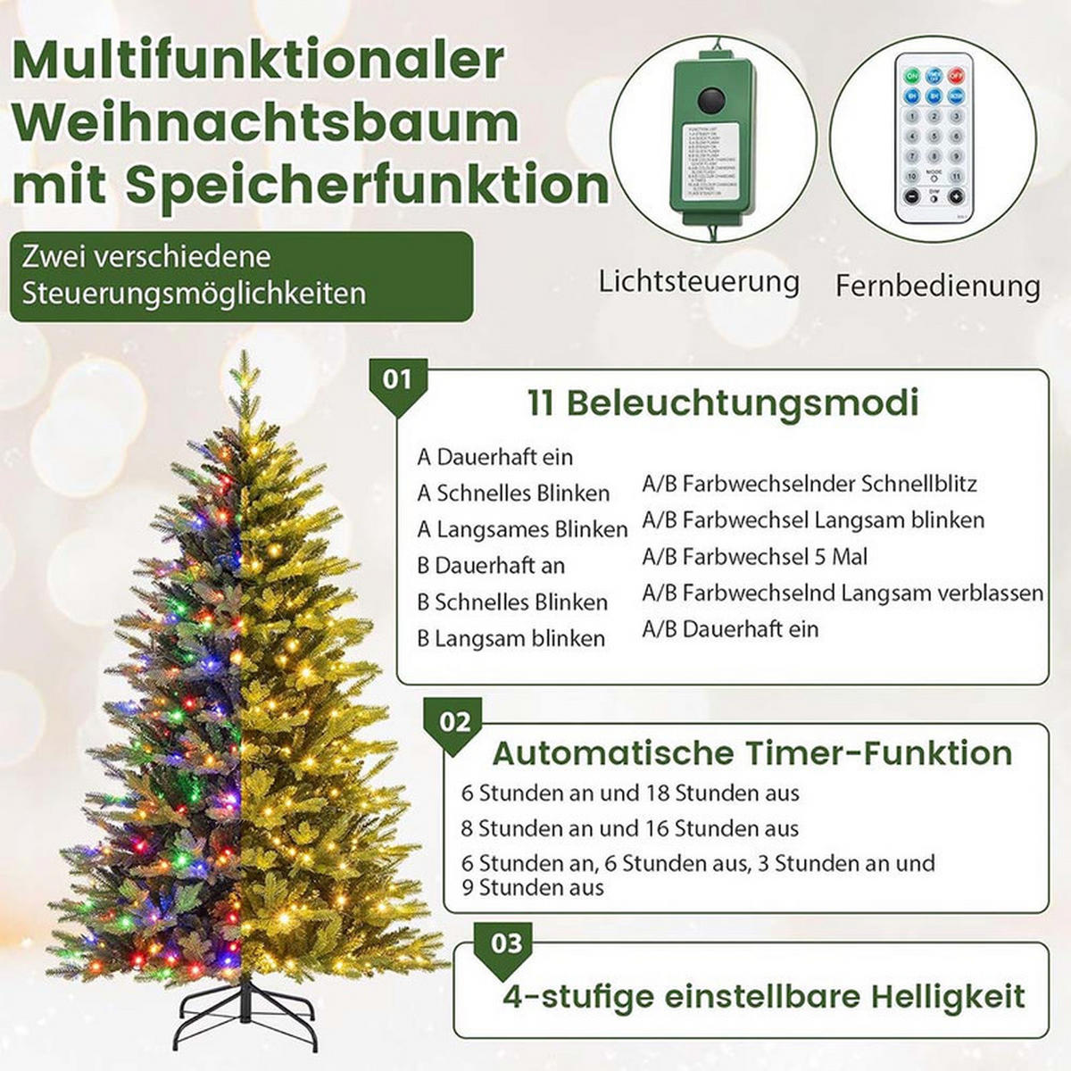 WEIHNACHTSBAUM mit 11 Lichtmodi 180cm Grün - Grün, Metall (180cm) - COSTWAY