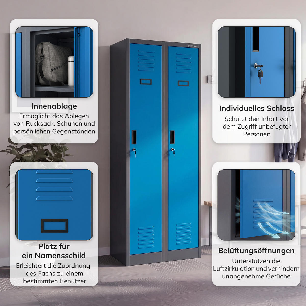 ZWEIFACH-PERSONALSCHRANK KACPER II 180x60x50 cm - Blau/Anthrazit, Metall (60/180/50cm) - Jan Nowak