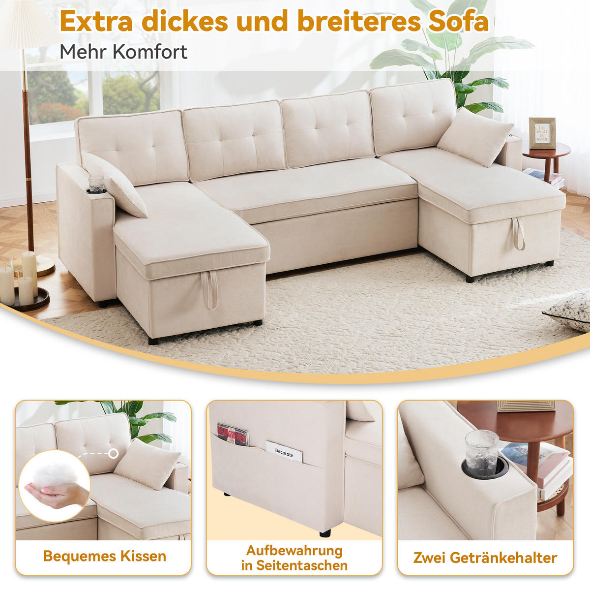 SCHLAFSOFA U-Form, Baumwoll-Leinenstoff mit Stauraum & Getränkehaltern, 270/130/86 cm, Beige - Beige, Textil (130/86/270cm) - Redom