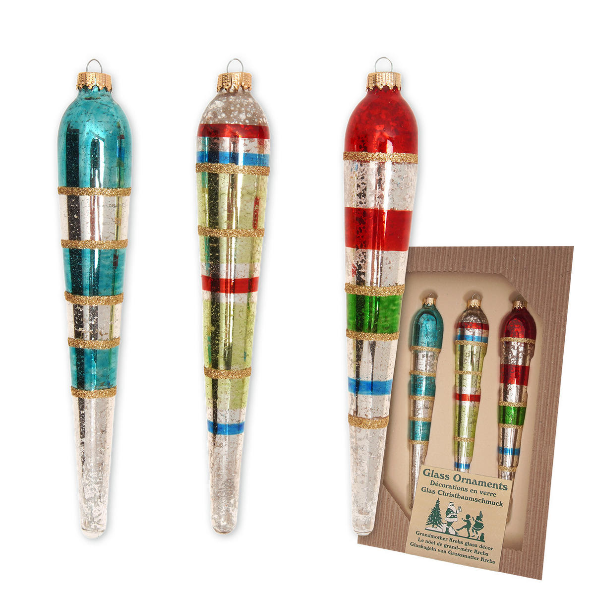 CHRISTBAUMSCHMUCK Eiszapfen Nostalgie Mehrfarbig 16cm (Glas / 3 Stk.) - Multicolor, Glas (3/16/3cm) - Krebs Glas Lauscha