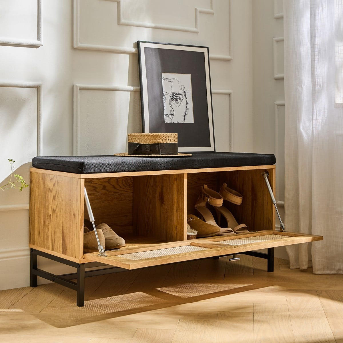 BANK mit Schuhablage und Rattanfront - L100 cm - Apfelbaumfarben, Holzwerkstoff (38/47/100cm) - Calicosy