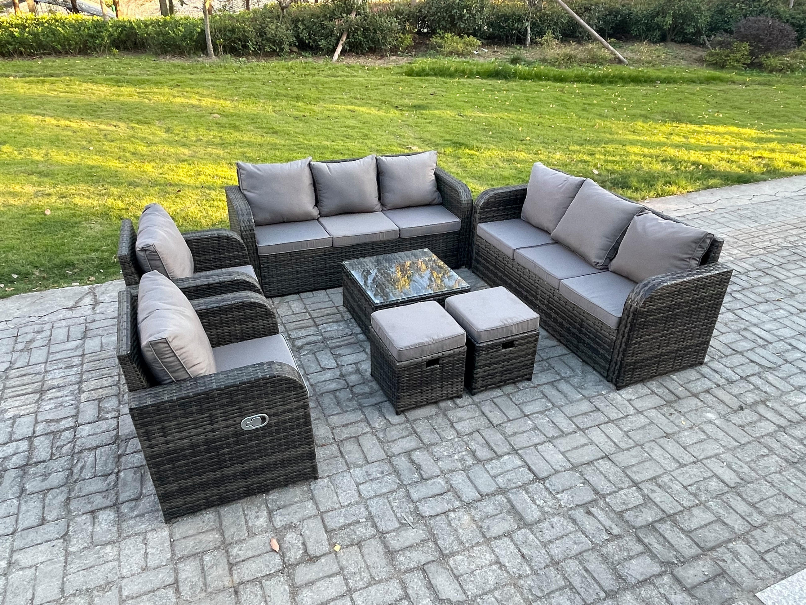 GARTENTISCHGRUPPE Polyrattan Dunkelgrau 7-teilige - Dunkelgrau/Grau, Glas/Kunststoff - Fimous