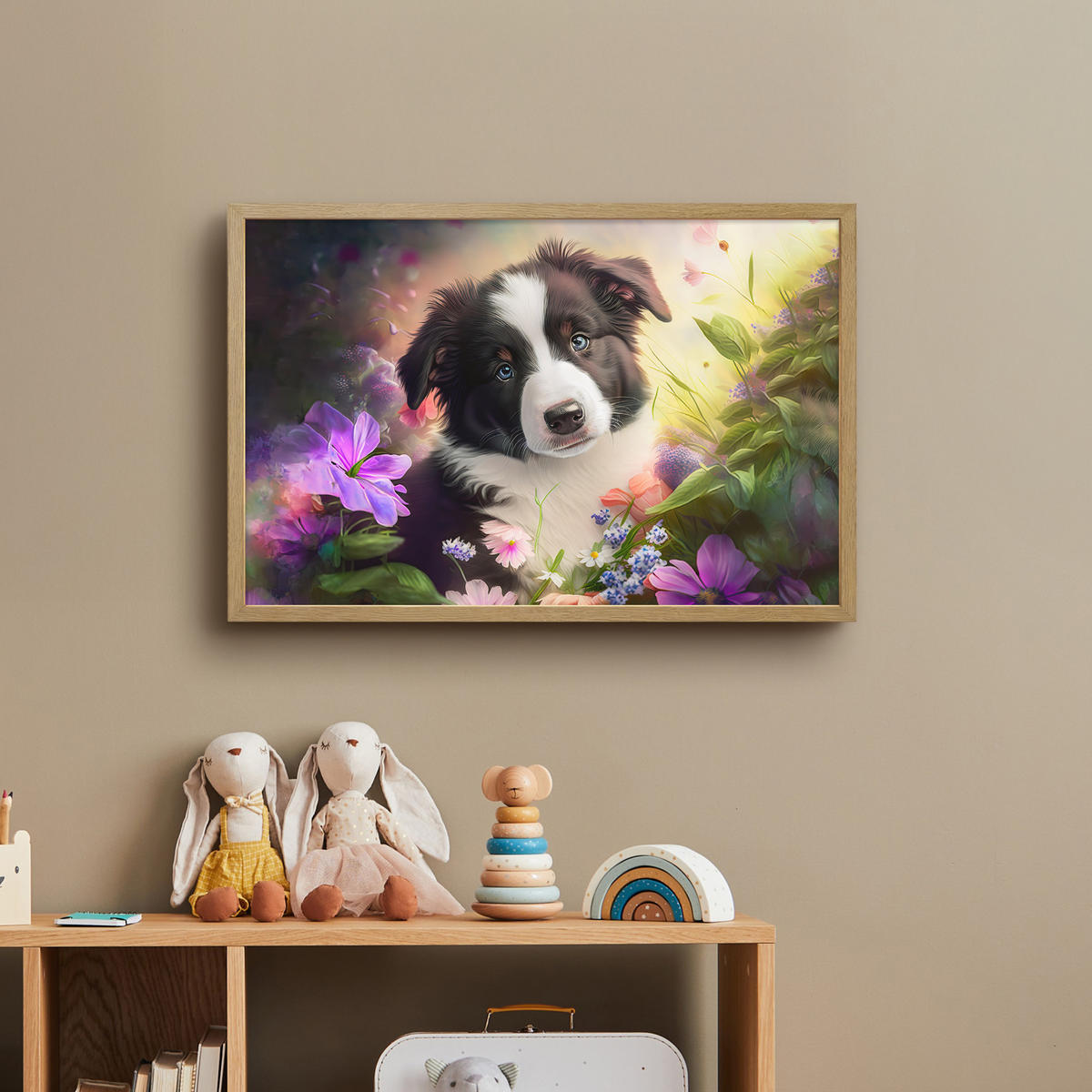 DOBÍJECÍ NOČNÍ LAMPIČKA Štěně - Slunce - Květiny - Příroda - Border kolie - Pes 60x40 cm - fialová, kompozitní dřevo (8/60/40cm) - OnlyWow