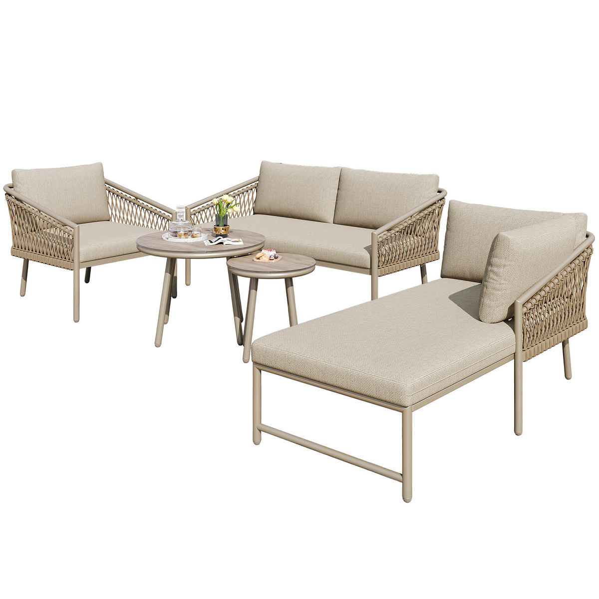 LOUNGESET Modern Khaki Handgewebtes Seil - Hellbraun, Metall - FLIEKS