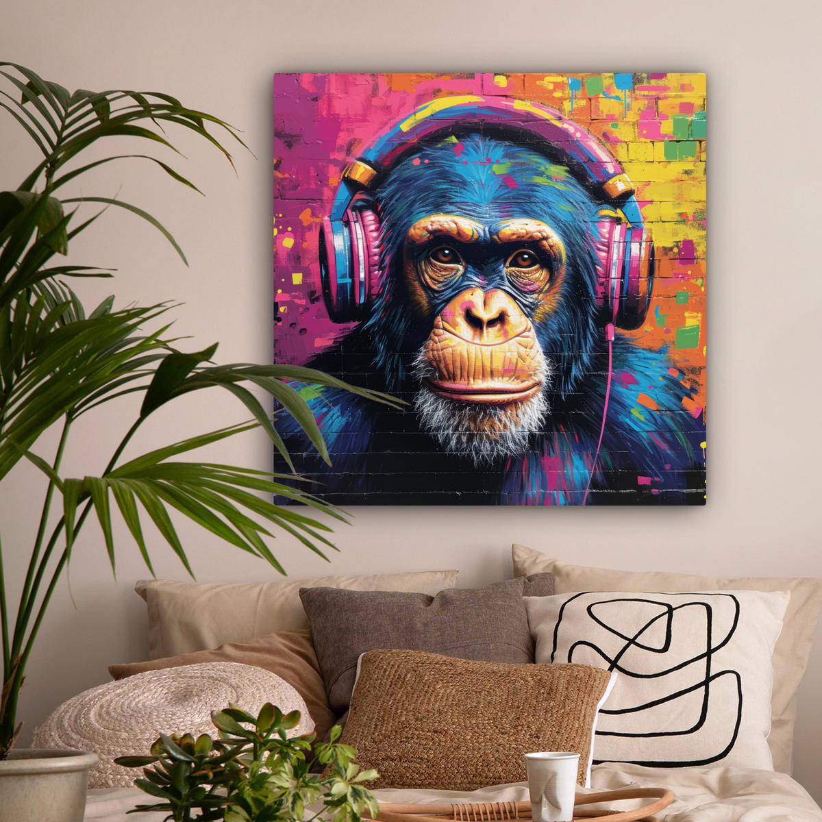 LEINWANDBILD Graffiti - Schimpanse - Straßenkunst - Kopfhörer - Affe Deko Groß 90x90 cm - Blau, Textil (90/90cm) - MuchoWow
