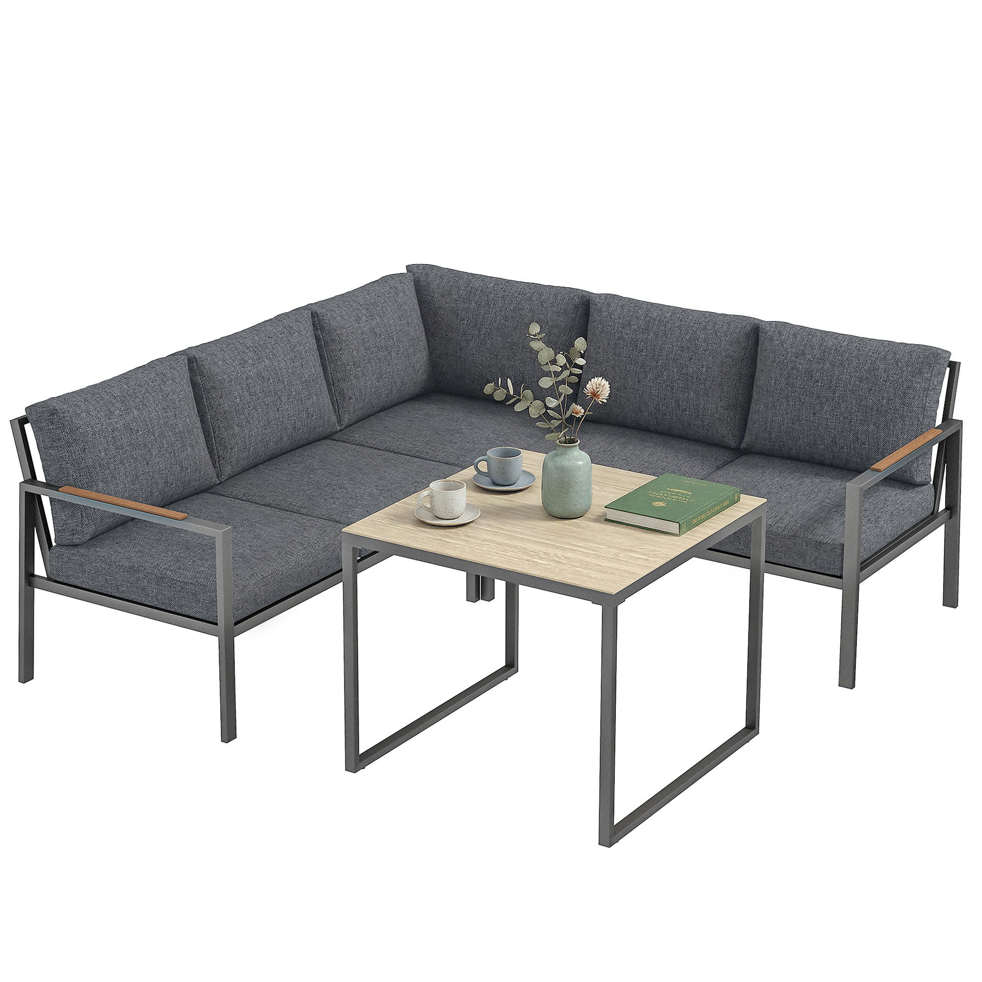 LOUNGEGARNITUR DE-13536 5-sitzig mit 2 Sofas & Tisch Dunkelgrau - Dunkelgrau, Metall - ComfortXL