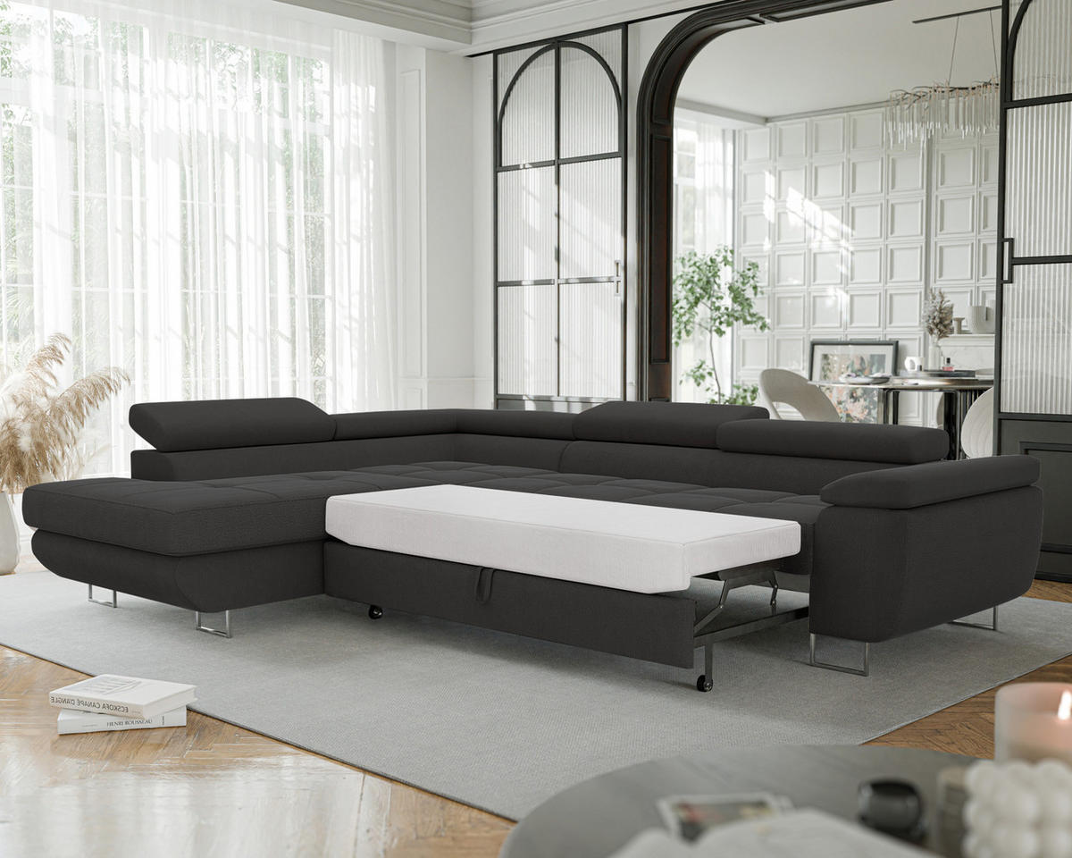 ECKSOFA ANTON mit Schlaffunktion und Bettkasten Anthrazit - Anthrazit, Holzwerkstoff/Kunststoff (274/203cm) - Idohome