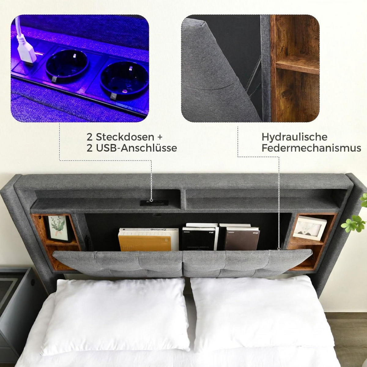 POLSTERBETT 160/200 cm Grau mit Stauraum-Kopfteil, LED-Beleuchtung und USB Type-C Ladefunktion - Grau, Holz (160/200cm) - Oxeza