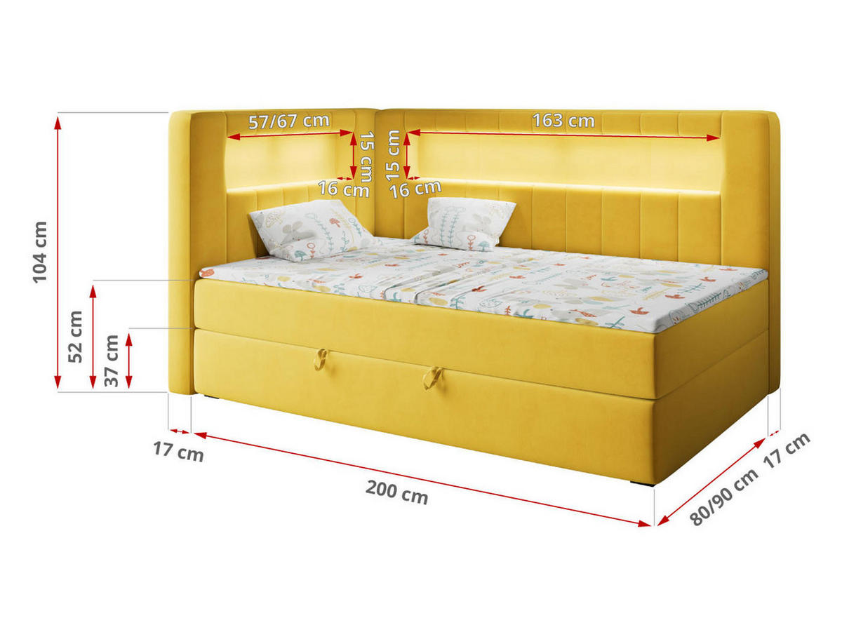 BOXSPRINGBETT JUNIOR GOLD 3 90/200 Gelb - rechte Seite - Gelb, Holz/Textil (90/200cm) - MKS