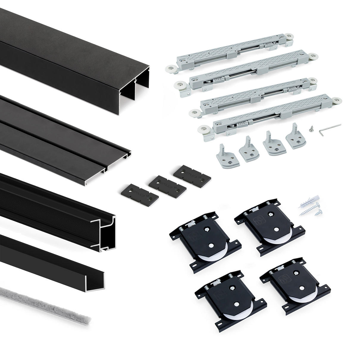 HARDWARE SET für Placard 74 2-Schiebe-Kleiderschrank mit sanftem Schliessen, Griff-Modell Sharp, Stärke 19mm, ohne Paneele, Schwarz lackiert - Schwarz, Metall (3.4/8/235cm) - EMUCA