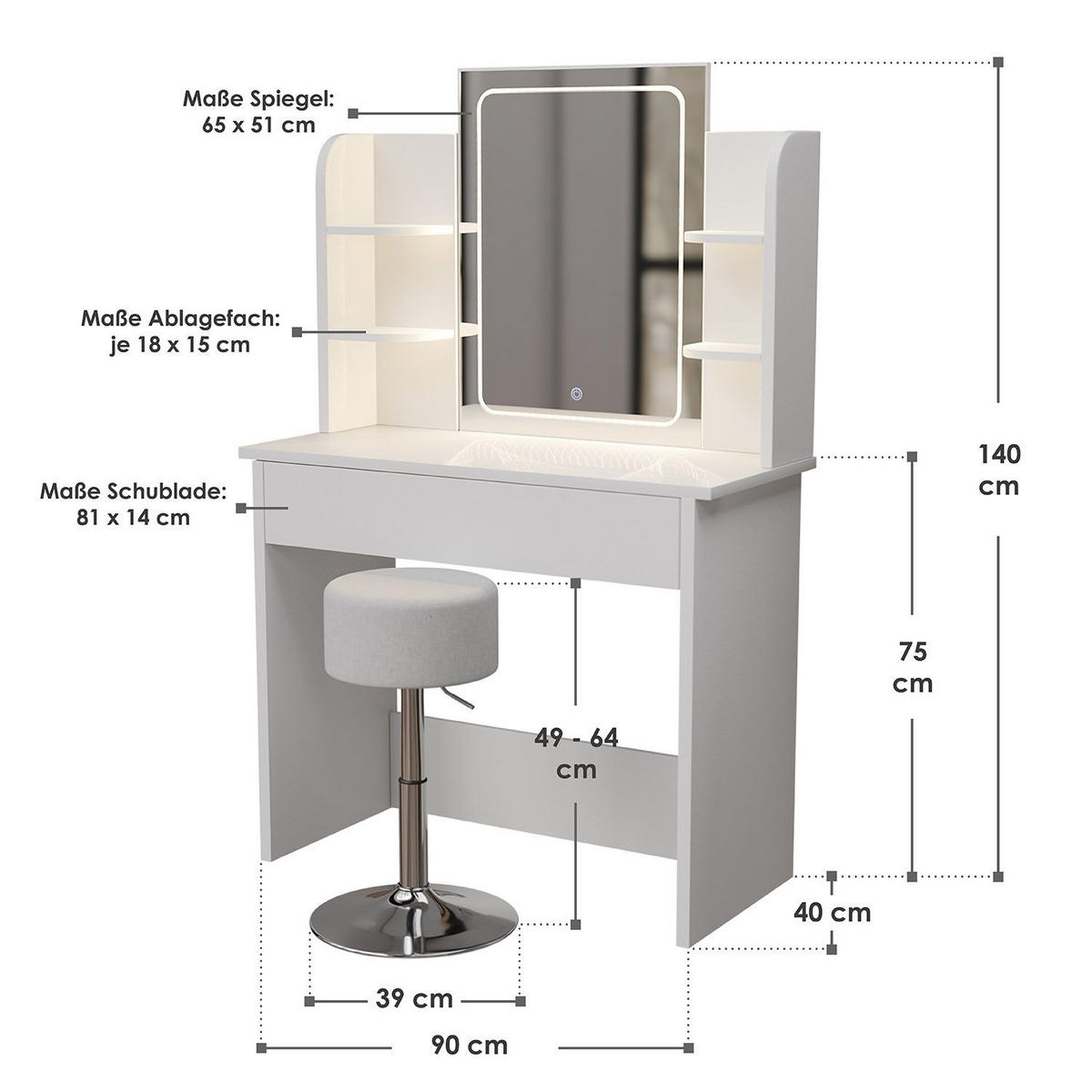 SCHMINKTISCH Zoey LED-Spiegel & Hocker Tonia - Weiß, Holz (40/140/90cm) - Juskys