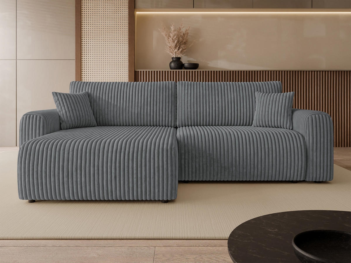ECKSCHLAFSOFA Floryn L Cord Bis - Schwarz/Grau, Holz/Kunststoff (245/145cm) - MIRJAN24