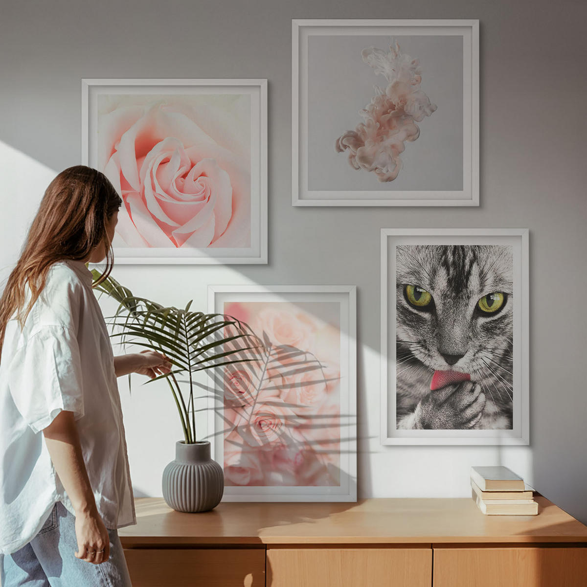 WANDBILDER 4er-Set - 50x50 cm & 40x60 cm Weißer Rahmen - Abstrakte Darstellung von grauen Katzenrosen - Weiß, Kunststoff (50/50cm) - ArtPrintCave