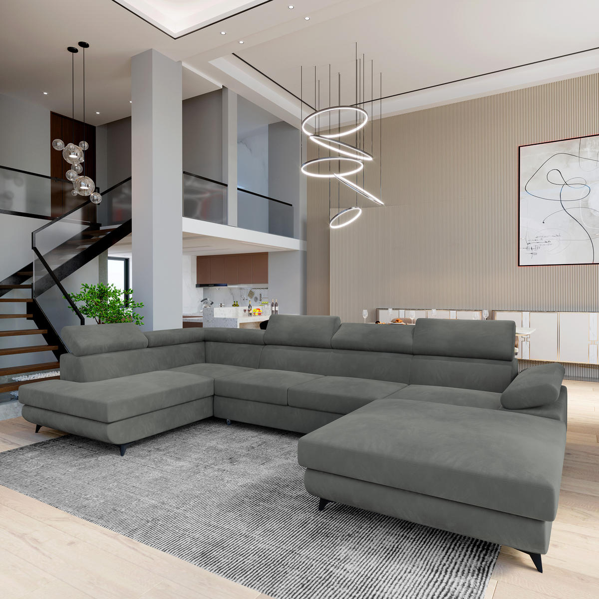WOHNLANDSCHAFT RUBANO L-S Grau Velours-Stoff mit Schlaffunktion - Grau, Holz (339/89/190cm) - MASSENO