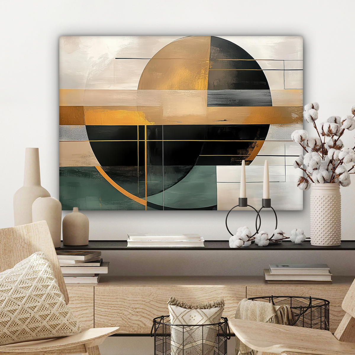 LEINWANDBILD - Abstrakt - Gold - Bronze - Grün - Formen - Modern - 80x60 - Malerei - Multicolor, Textil (80/60cm) - MuchoWow