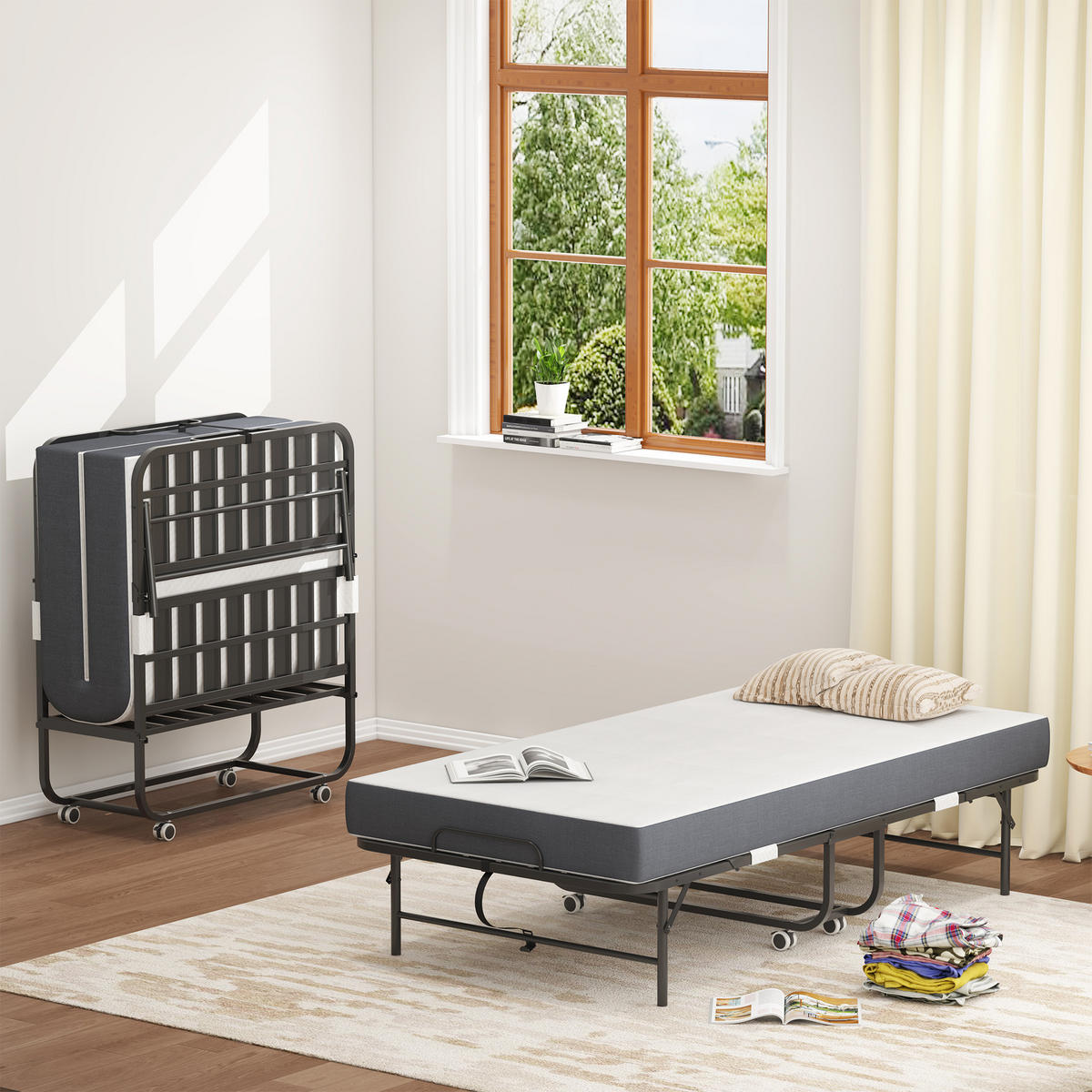 GÄSTEBETT klappbar 90x190 cm Metall Schwarz mit Memory-Foam-Matratze - Schwarz, Metall (90/190cm) - Meubliv