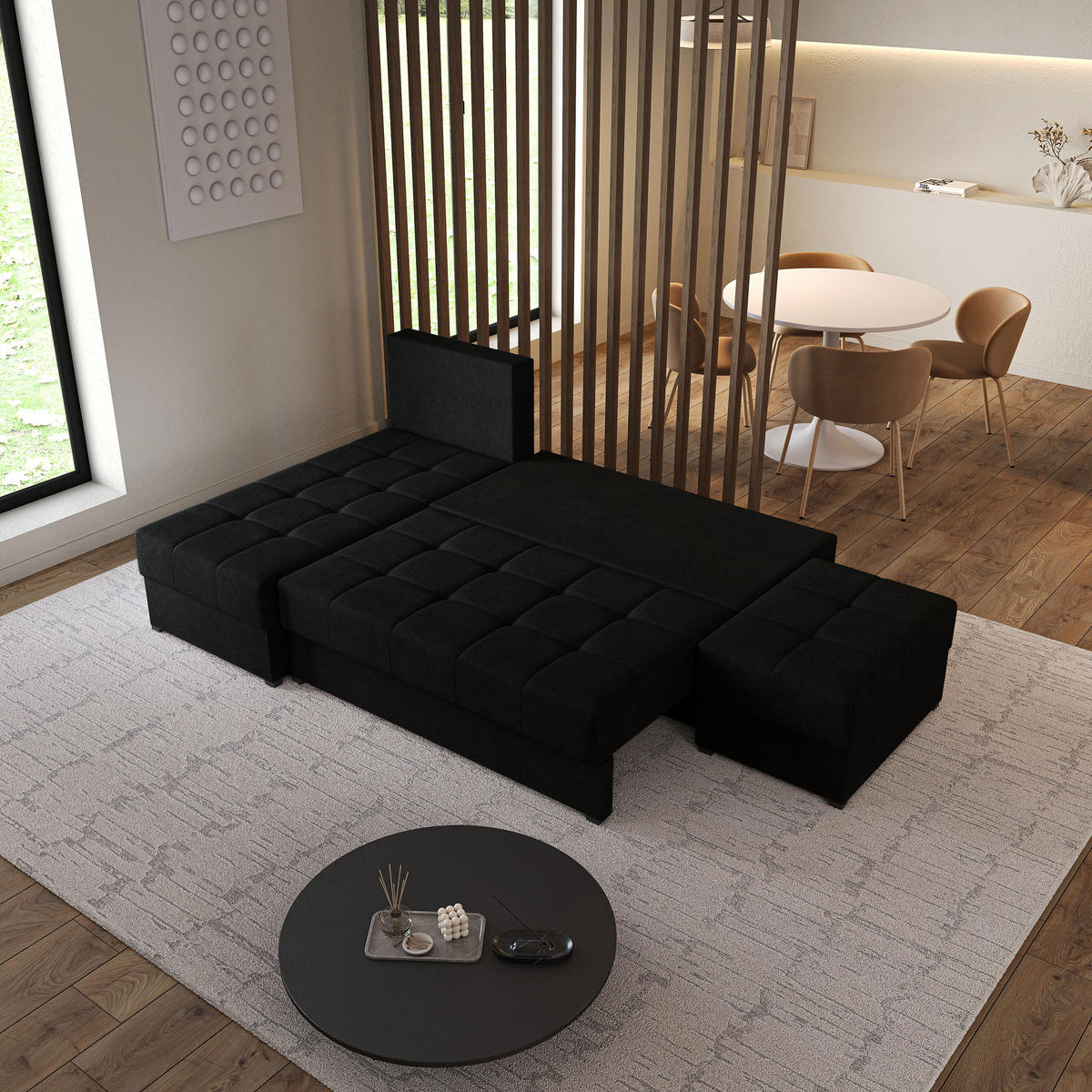 ECKSOFA NORVI Schwarz Geflochtener Stoff mit Schlaffunktion - Schwarz, Holz (251/143cm) - MASSENO