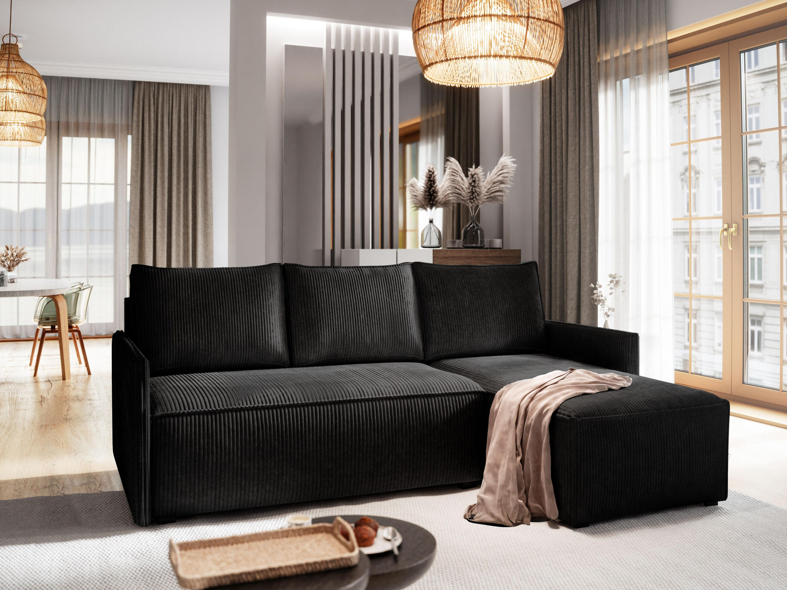 ECKSOFA PERUSI Schwarz Kordstoff mit Schlaffunktion - Schwarz, Holz (206/143cm) - MASSENO