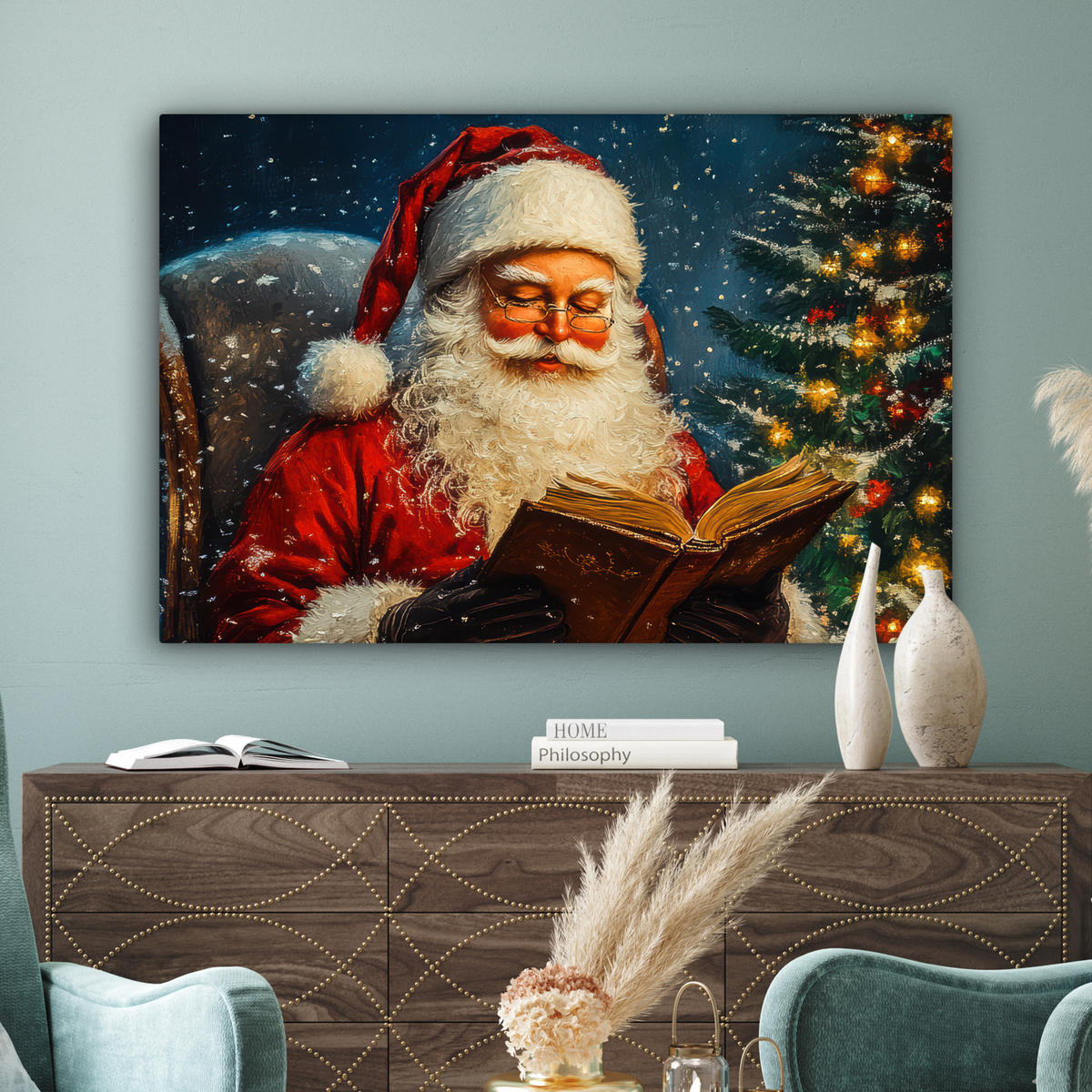 LEINWANDBILD Weihnachtsmann - Weihnachten - Winter - Weihnachtsbaum XXL 150x100 cm - Bordeaux, Textil (150/100cm) - MuchoWow