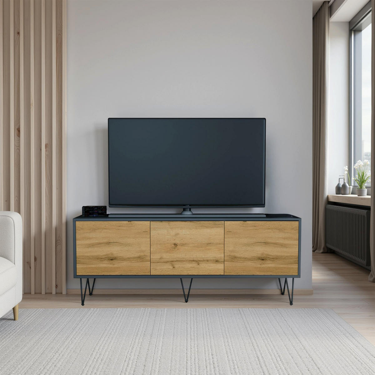 TV-BOARD Elisa, Lowboard mit Push-to-Open, Made in Germany, Moderner Fernsehschrank, Anthrazit matt/Eiche Evoke (152,5 x 60,5 x 37 cm) - Eiche Wotan, Holzwerkstoff (152.5/60.5/37cm) - InnoFurn