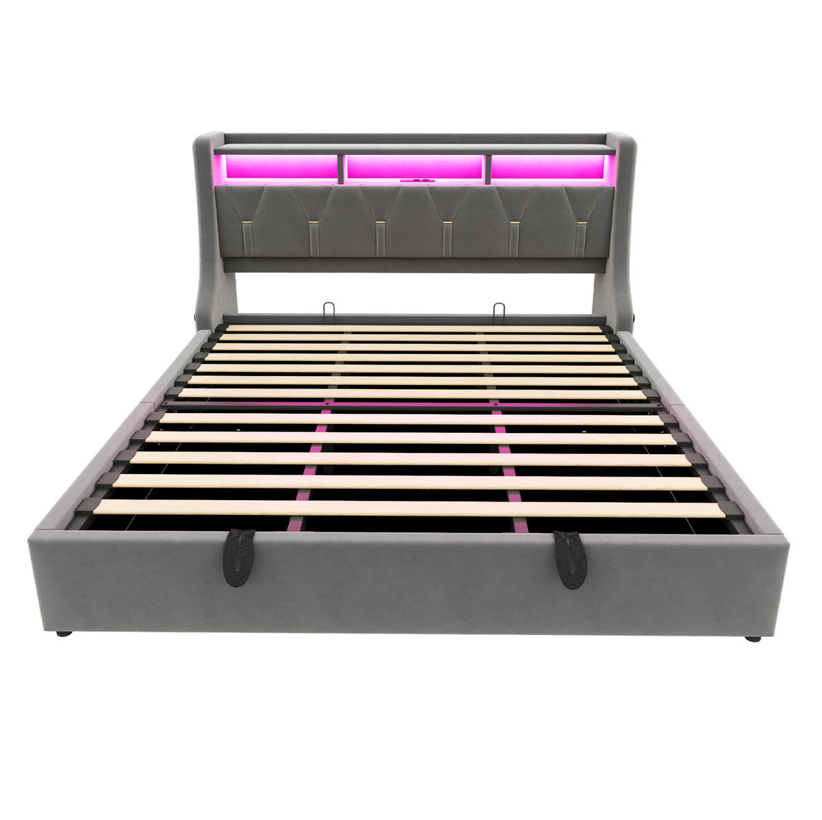 POLSTERBETT aus Samtstoff 180x200 cm Grau mit LED-Beleuchtung, USB-/Typ-C-Anschluss und hydraulischem Bettkasten - Grau, Textil (180/200cm) - Modfu
