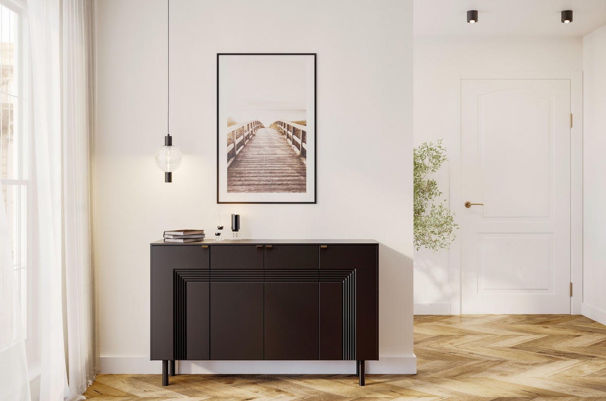 SIDEBOARD Yoko, Schwarz, Mit Dekorativen Fronten Und Goldgriffen - Schwarz, Holzwerkstoff/Buchenholz (156/99/40cm) - Dancan