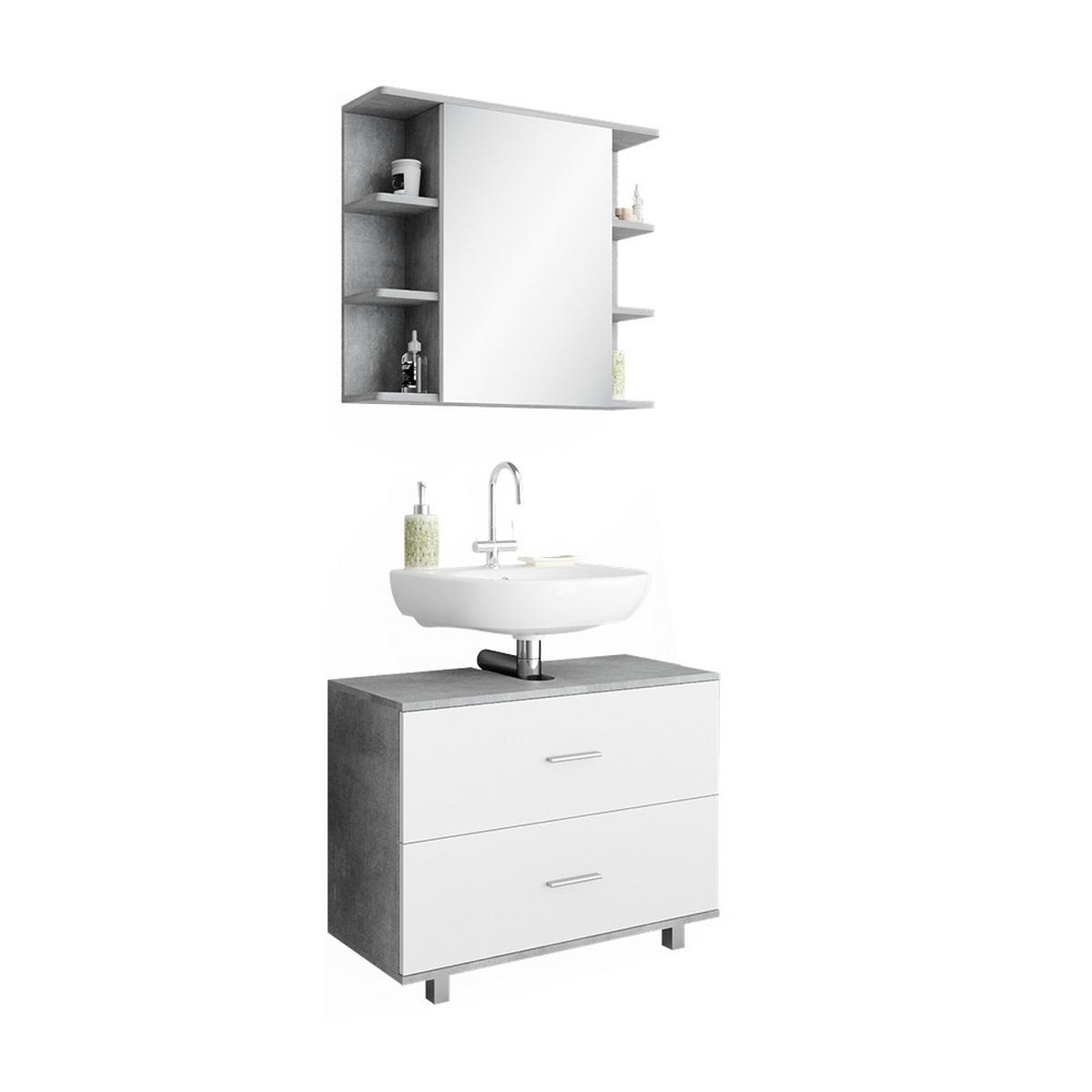 BADMÖBEL-SET Ilias Beton/Weiß 2 Teile, Unterschrank 80 cm - Weiß/Grau, Holzwerkstoff (80.2/60.8/33cm) - Vicco
