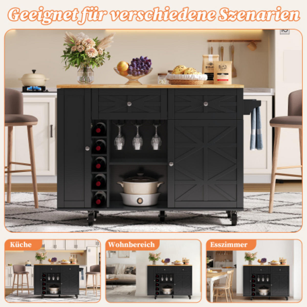 KÜCHENINSEL Schwarz aus MDF mit klappbarer Erweiterungsplatte und Laufrollen 120 × 45(70) × 89 cm - Schwarz, Holzwerkstoff (120/89/70cm) - Luhomfu