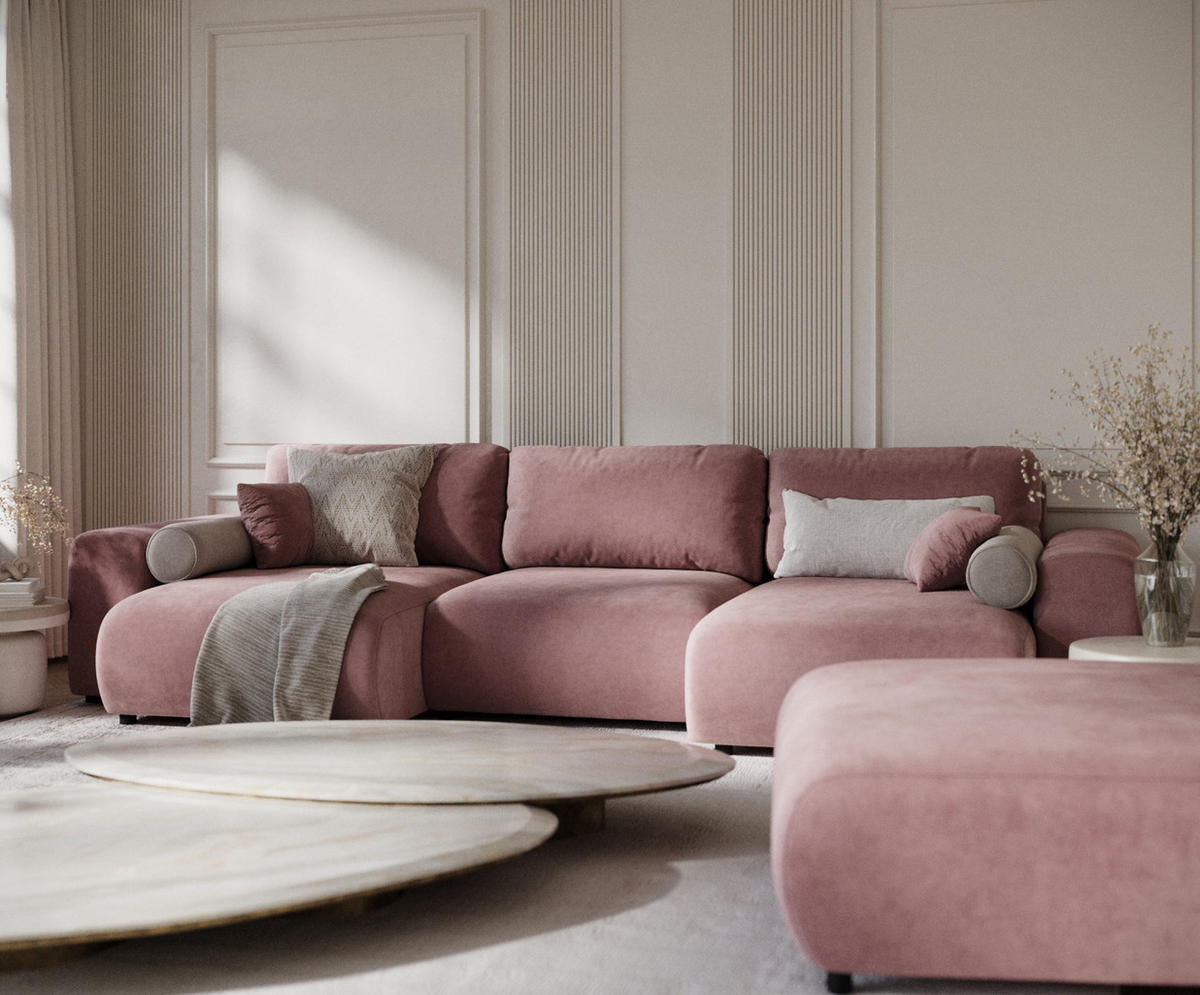 PANORAMASOFA Zanzibar Rosa Samtstoff - Schwarz/Rosa, Holz/Holzwerkstoff (325/79/144cm) - Maison de Reve