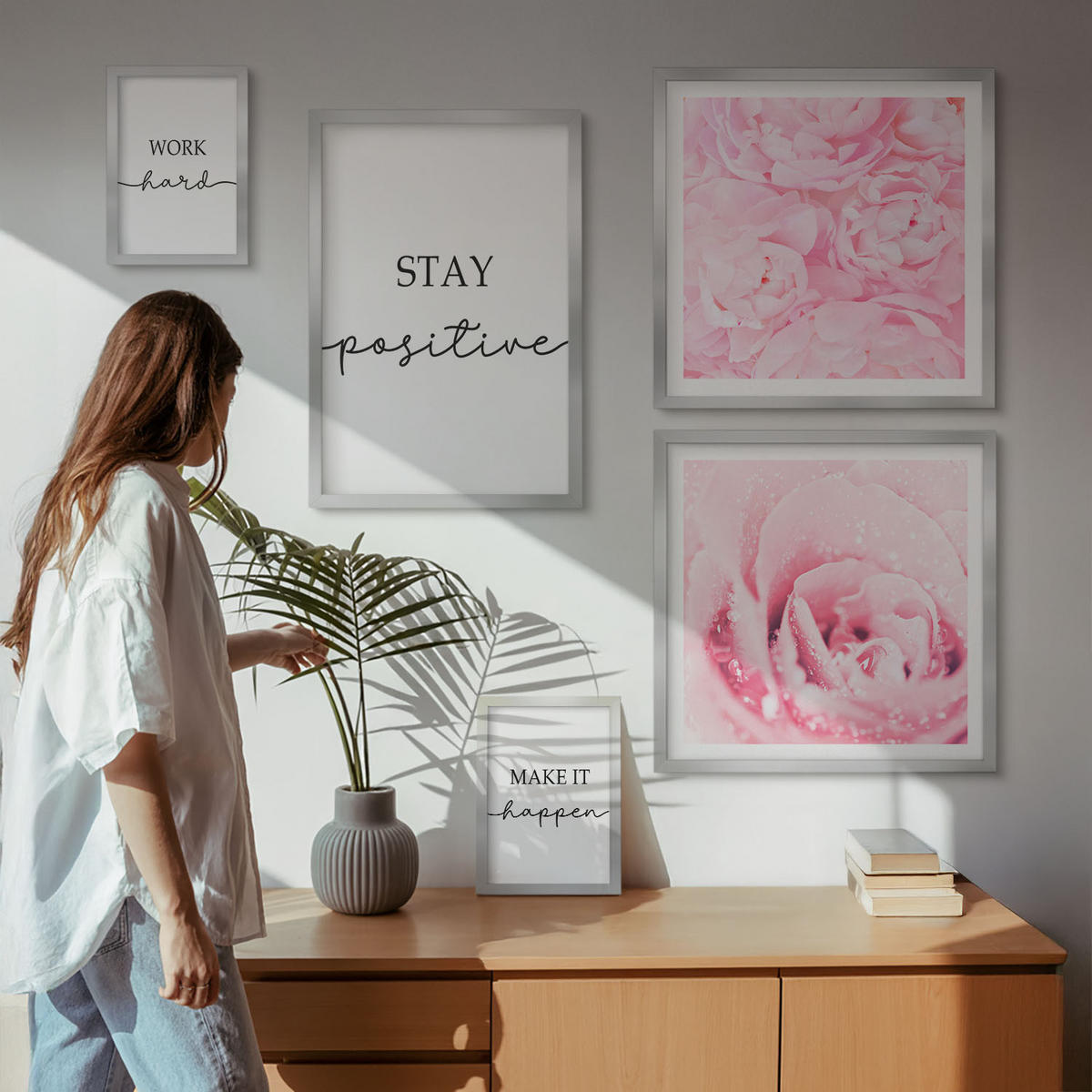 BILDER SET 5er Set - 50x50 cm & 20x30 cm & 40x60 cm Silberner Rahmen - Minimalistische rosa Blüten - Silberfarben, Kunststoff (40/60cm) - TULUP