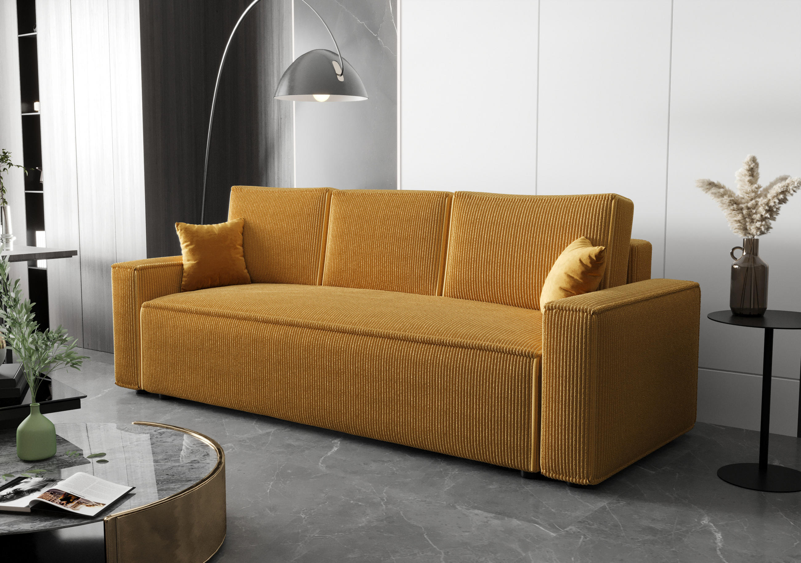 SOFA AMBRO Poso 01 mit Schlaffunktion, Senfton, Sofa mit Stauraum - Goldfarben, Textil (90/85/230cm) - Bedante