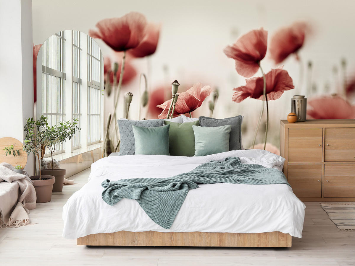 FOTOTAPETE für Wohnzimmer Zarte Mohn Blumen Wiese Rot 250x175 - Beige/Rot, Papier (250/175cm) - Muralo